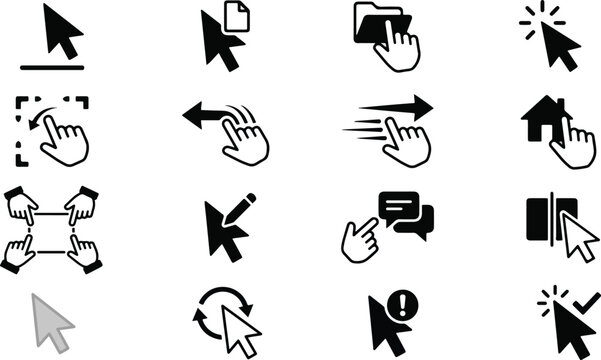 Mouse cursor and hand gesture icons set, UI UX interface elements collection, touch screen signs, click, swipe, pinch, drag, point, home, document, folder, edit, chat, refresh, warning, select symbols