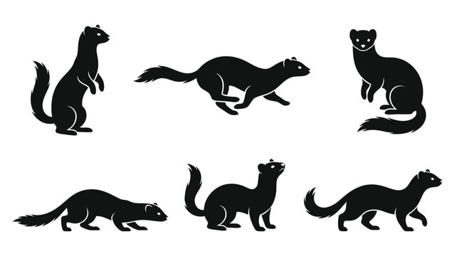 different black weasel silhouettes on a clean white background, minimalist vector style.