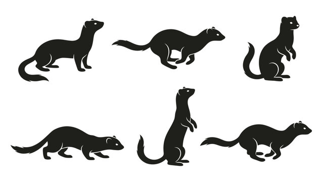 different black weasel silhouettes on a clean white background, minimalist vector style.
