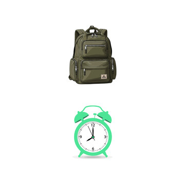 Green backpack and vintage alarm clock isolated on a white background, top view of school bag and time device