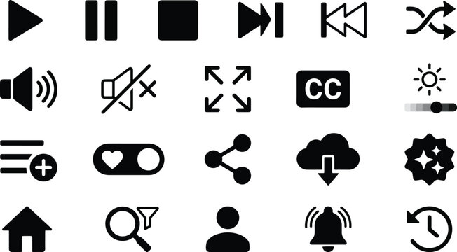 Media player and UI UX interface icons set, video playback elements collection, play, pause, stop, volume, mute, fullscreen, captions, shuffle, brightness, playlist, share, download, home, search