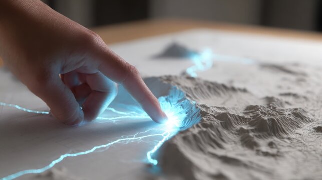 a close up, shallow depth of field shot of a human hand touching a map like surface, which is illuminated in bright blue, with lines resembling