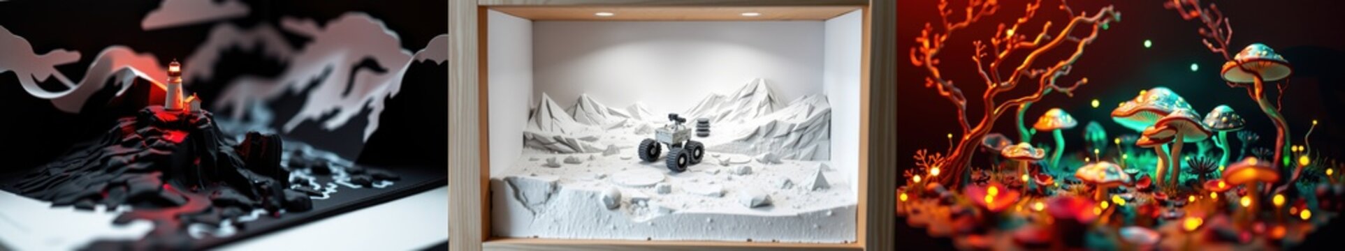 Three dioramas depict volcano, moon landscape, glowing fungi. Miniature scenes showcase creative artistry, detailed models, dramatic lighting.
