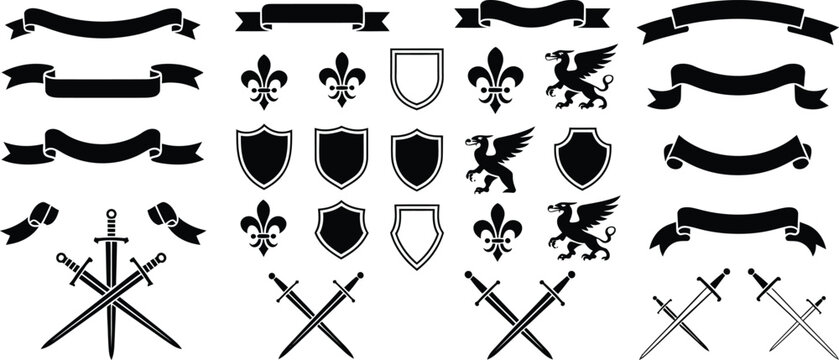 Black vector set of heraldic coat of arms shields with swords and cross symbols, religious icons, ornament illustration, tattoo design, pattern silhouettes