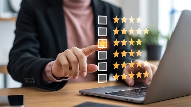 A woman in a office clicks rating stars on a laptop screen