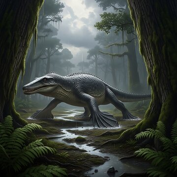 Prehistoric reptile walking through a misty primeval forest.
