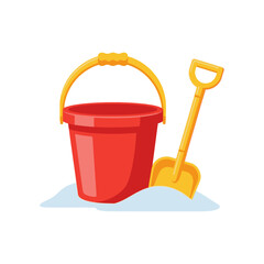 Red Plastic Bucket and Yellow Shovel for Beach and Sand Play © Anwari_Studio