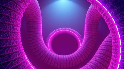 Fototapeta premium Abstract tunnel design. Bright pink neon spirals frame central blue light. Geometric patterns create futuristic aesthetic.