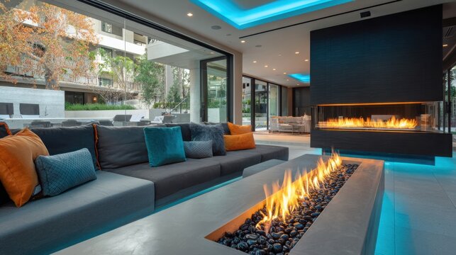 a wide angle shot captures a modern living room interior featuring a rectangular fire pit with active flames and small dark stones in the foreground