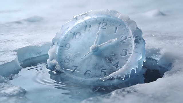 A clock frozen in ice sits partially submerged in cold water, symbolizing the passage of time in winter.