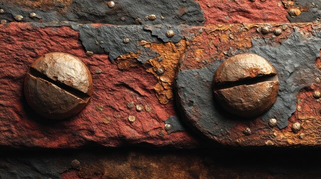 Close-up of aged, textured metal with bolts, rust, paint flakes, and rivets