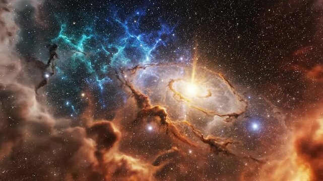 A vibrant nebula shines brightly in the vastness of outer space with swirling clouds.