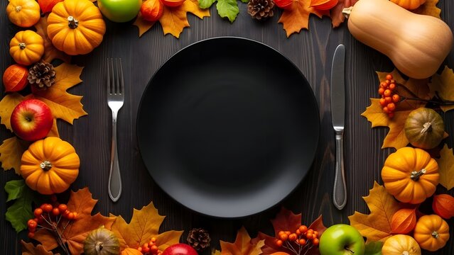 Autumn harvest table setting with pumpkins apples and colorful fall leaves on dark wood