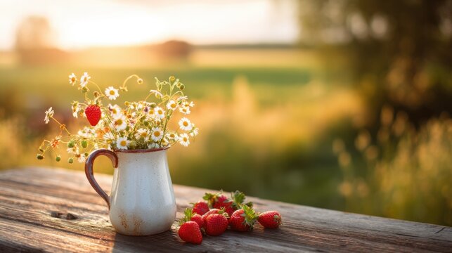 Charming swedish midsummer scene with a ceramic jug, meadow flowers, and fresh strawberries on a rustic wooden table, soft golden sunset light