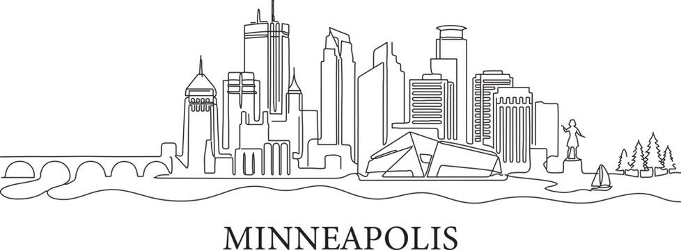 Minimalist line art shows Minneapolis skyline