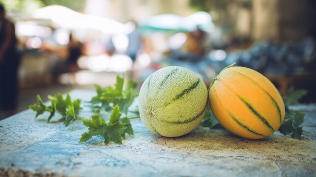 Fresh summer market scene with two vibrant melons and green leaves on a stone counter, mediterranean vibe, soft natural lighting, blurred outdoor