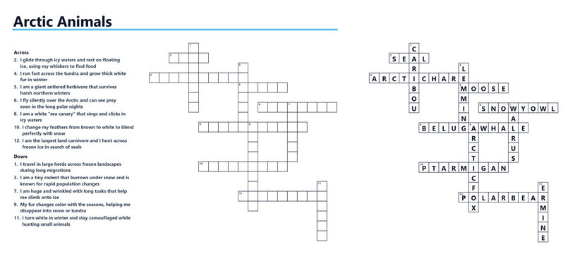 Vocabulary Crossword Game &ndash; Arctic Animals Printable Word Puzzle for Kids