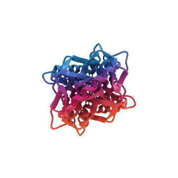 Intricate 3d protein molecule with alpha-helices and beta-sheets in electric blue and magenta floating against a transparent background, scientific discovery concept