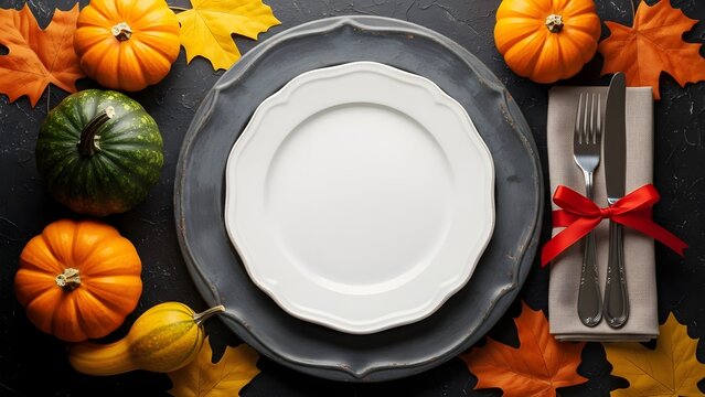Autumn harvest table setting with pumpkins and colorful fall leaves on a dark surface