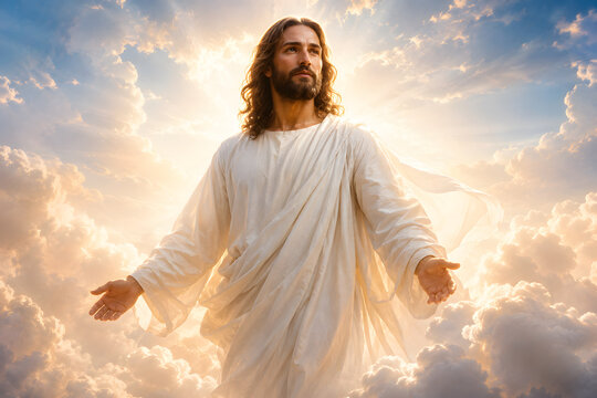 Jesus standing among clouds with heavenly light, inspirational Christian wall art concept