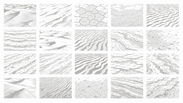 Collection of natural terrain textures featuring sand dunes and cracked earth in monochrome style