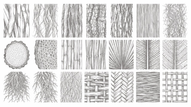 Collection of hand-drawn organic textures featuring wood bark, bamboo, leaf patterns and woven straw