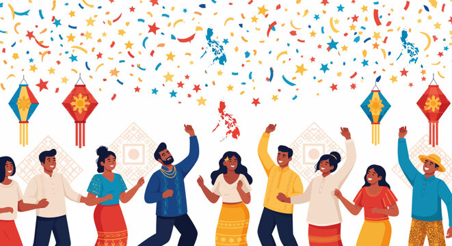 Happy Filipino people dancing under traditional parols and confetti