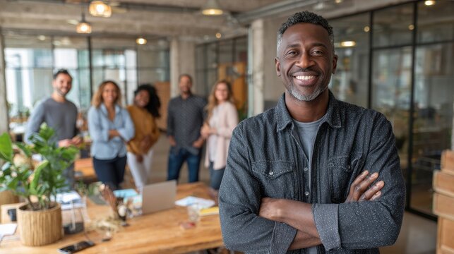 Diverse professionals surrounding a poised executive in a creative workspace