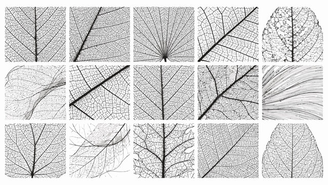 Collection of black and white leaf vein textures and organic plant patterns