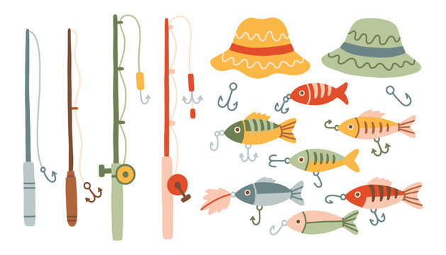 Hand drawn fishing equipment set with rod, hook, bait and cute fish. Minimalist outdoor lake adventure elements. Doodle collection for fisherman hobbies and summer camping design