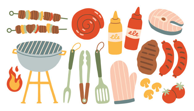 Summer barbecue grill vector illustration set with steak, skewer, sausage and tools. Hand drawn backyard bbq party food elements. Minimalist doodle collection for picnic menu design