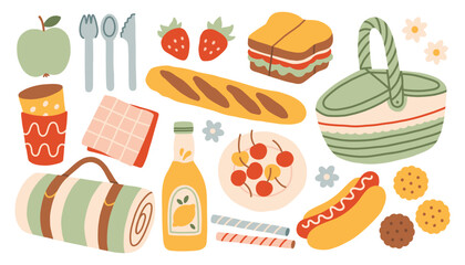 Fototapeta na wymiar Cute picnic vector illustration set with basket, blanket, sandwich and food. Hand drawn summer outdoor dining elements. Minimalist doodle collection for barbecue and family party