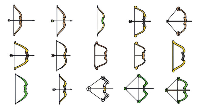 Collection of Bow and Arrow Icons, Archery Equipment Set, Vector Illustrations