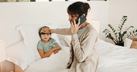 Obraz premium Mother, phone call and child with fever in bed, medical appointment booking and symptoms discussion. Mobile, sick girl and woman with telehealth contact for advice, home or healthcare support hotline