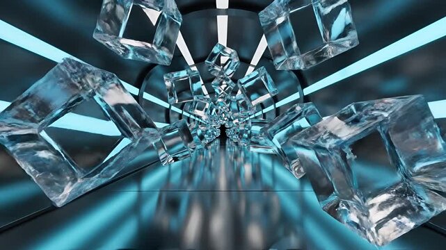 Abstract Futuristic Tunnel with Crystal Cubes and Neon Lights.