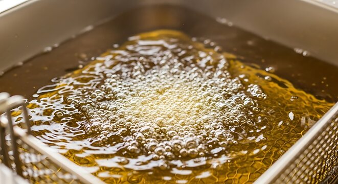 Close up view of bubbling oil in a deep fryer ready for cooking