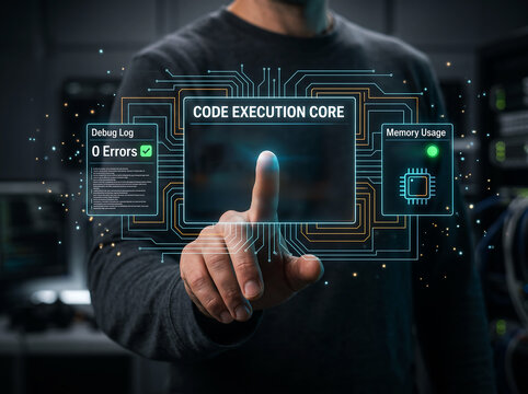 Engineer operates advanced code execution core virtual display showing debug log and memory usage statistics for software development optimization in high tech laboratory research facility.