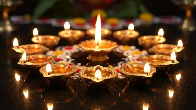 Lit oil lamps displayed in a decorative circular pattern with glowing flames