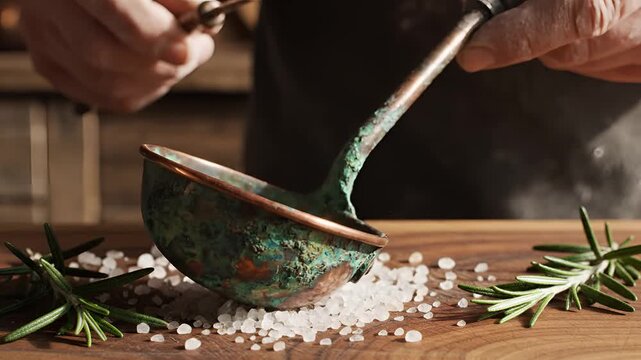 Antique Copper Ladle with Verdigris and Rosemary on Salt.