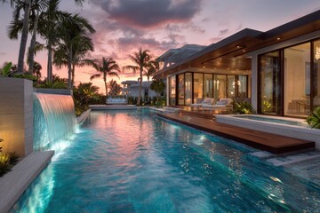 Fototapeta premium Luxurious residential pool at sunset with a cascading waterfall and tranquil reflections