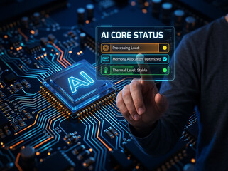 Fototapeta premium Close-up of a hand touching a holographic display showing AI core status with processing load, memory allocation, and thermal level on circuit board.
