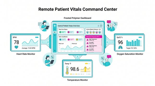 Remote Patient Vitals Command Center, a frosted polymer dashboard for healthcare monitoring. Digital medical data interface, a comprehensive health management system for telehealth and remote
