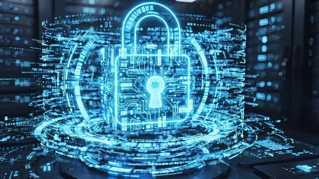 Digital padlock and circuit board security concept lock data cyber technology