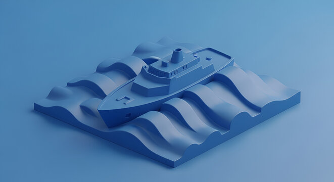 Monochromatic Blue 3D Render of a Yacht Navigating Stylized Waves.