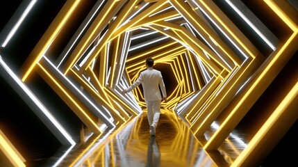 Fototapeta premium Man in White Suit Walking Down Futuristic Neon Light Tunnel with Geometric Shapes