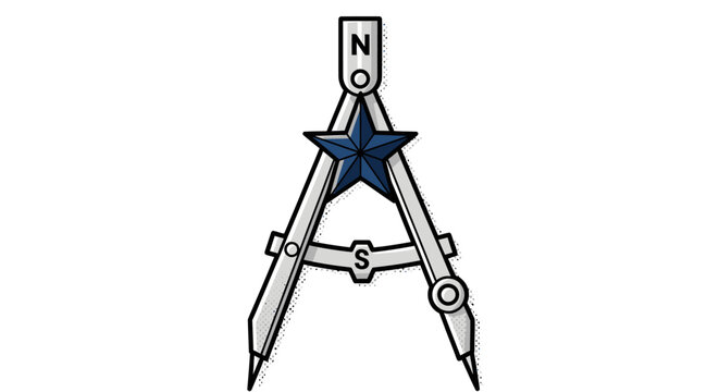 Nautical Drawing Compass Divider with Blue Star and Cardinal Points, Vector Icon for Navigation and Geometry Design