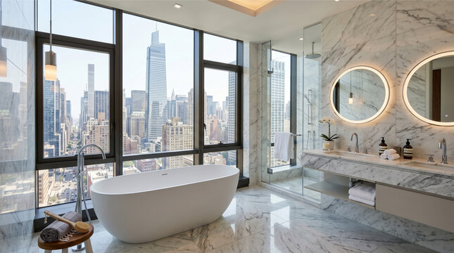Luxurious modern master bathroom with freestanding tub and city skyline view