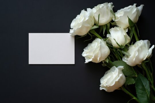 Elegant mourning floral arrangement with white roses and a blank card on a deep charcoal background