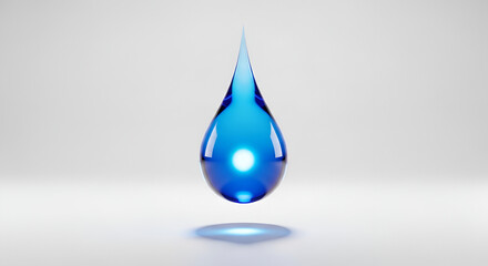Fototapeta premium Single Blue Water Droplet Suspended in Mid-Air with Light Reflection.