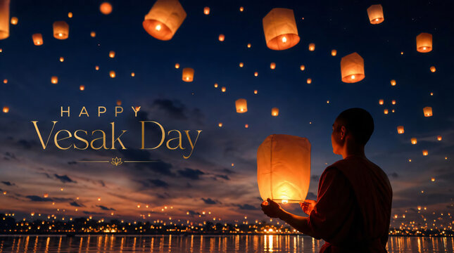 Festive vesak day poster with floating lanterns and meditative silhouette at twilight